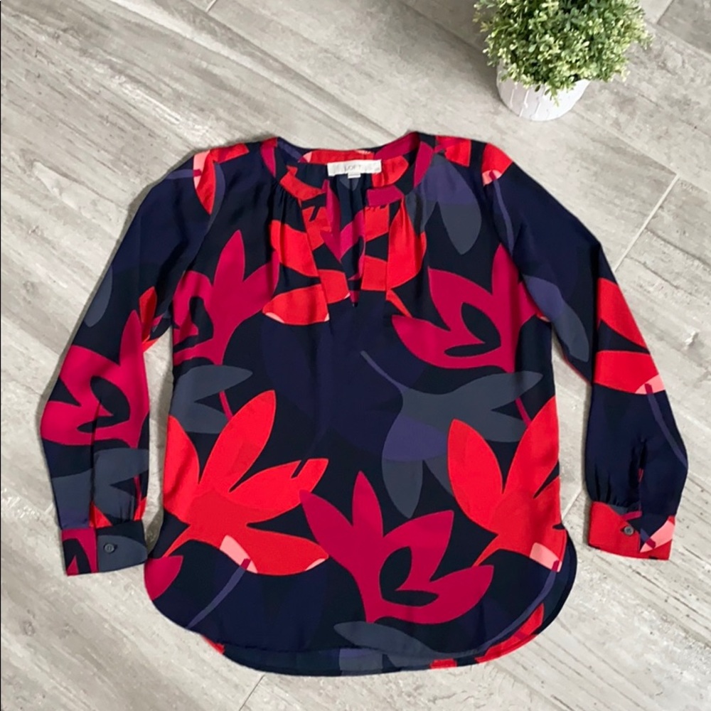 LOFT Navy Blouse with Red and Pink Floral Print